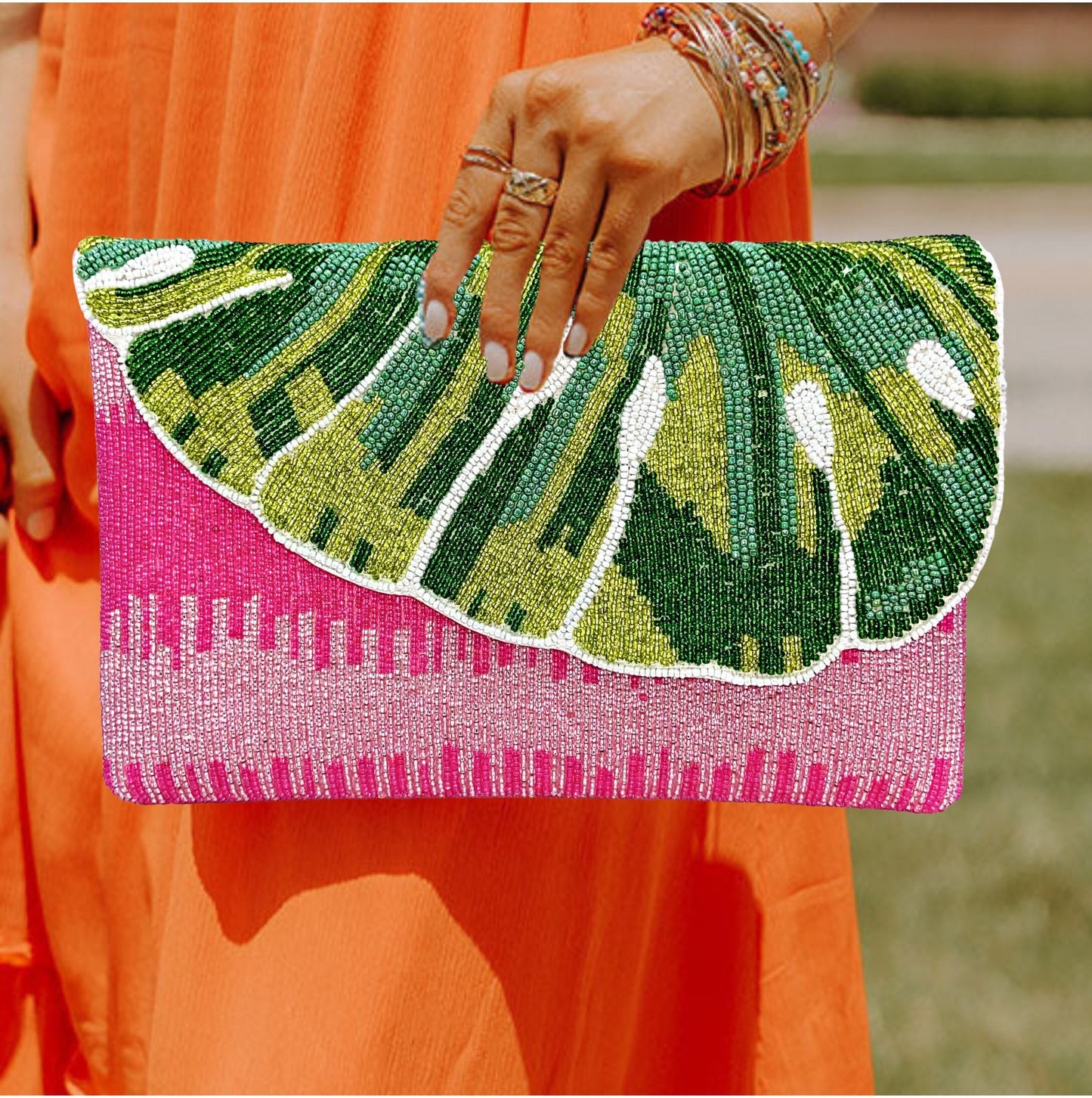 Pink Green Watermelon Beaded Crossbody Clutch Handbag