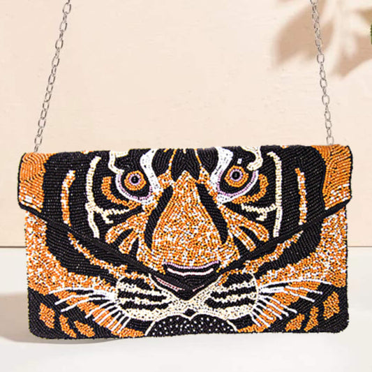 Tiger Jungle Cat Seed Beaded Crossbody Chain Clutch Animal Print Bag Handbag