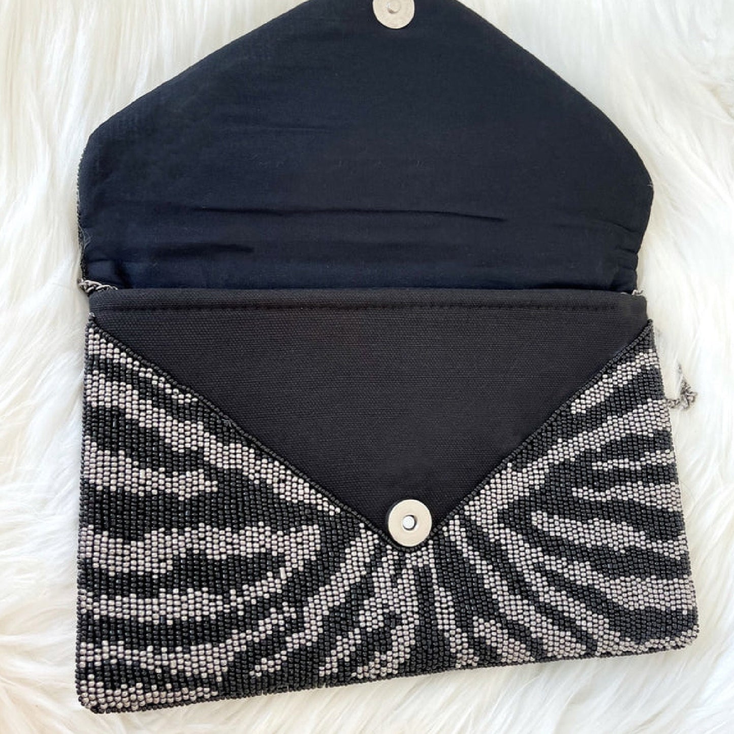 Black Zebra Striped Beaded Crossbody Clutch Handbag