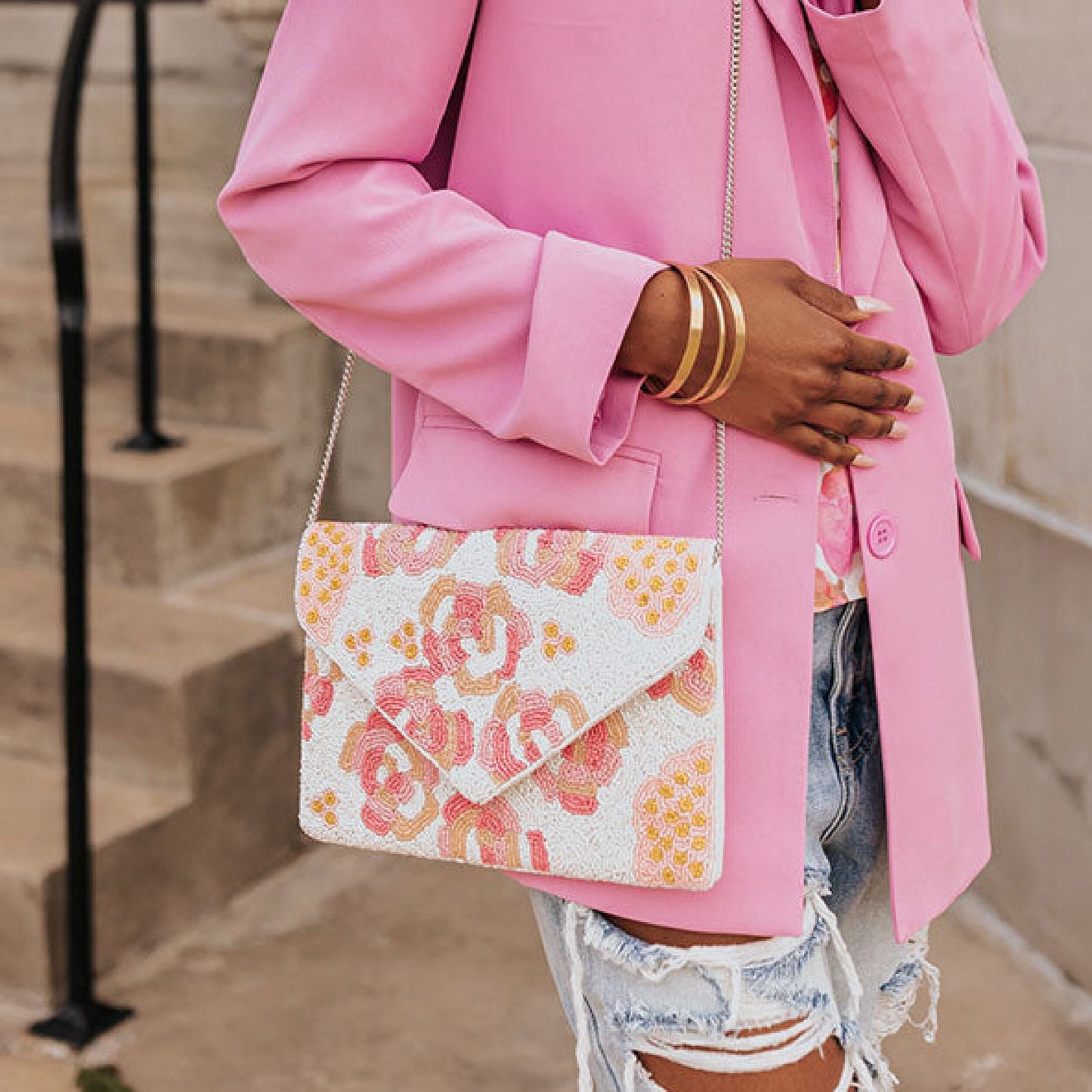 Coming Up Roses Beaded Crossbody Clutch Pink Handbag