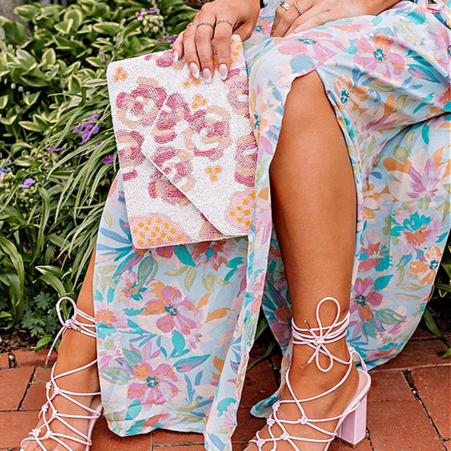 Coming Up Roses Beaded Crossbody Clutch Pink Handbag