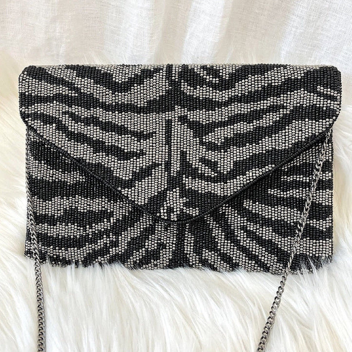 Black Zebra Striped Beaded Crossbody Clutch Handbag