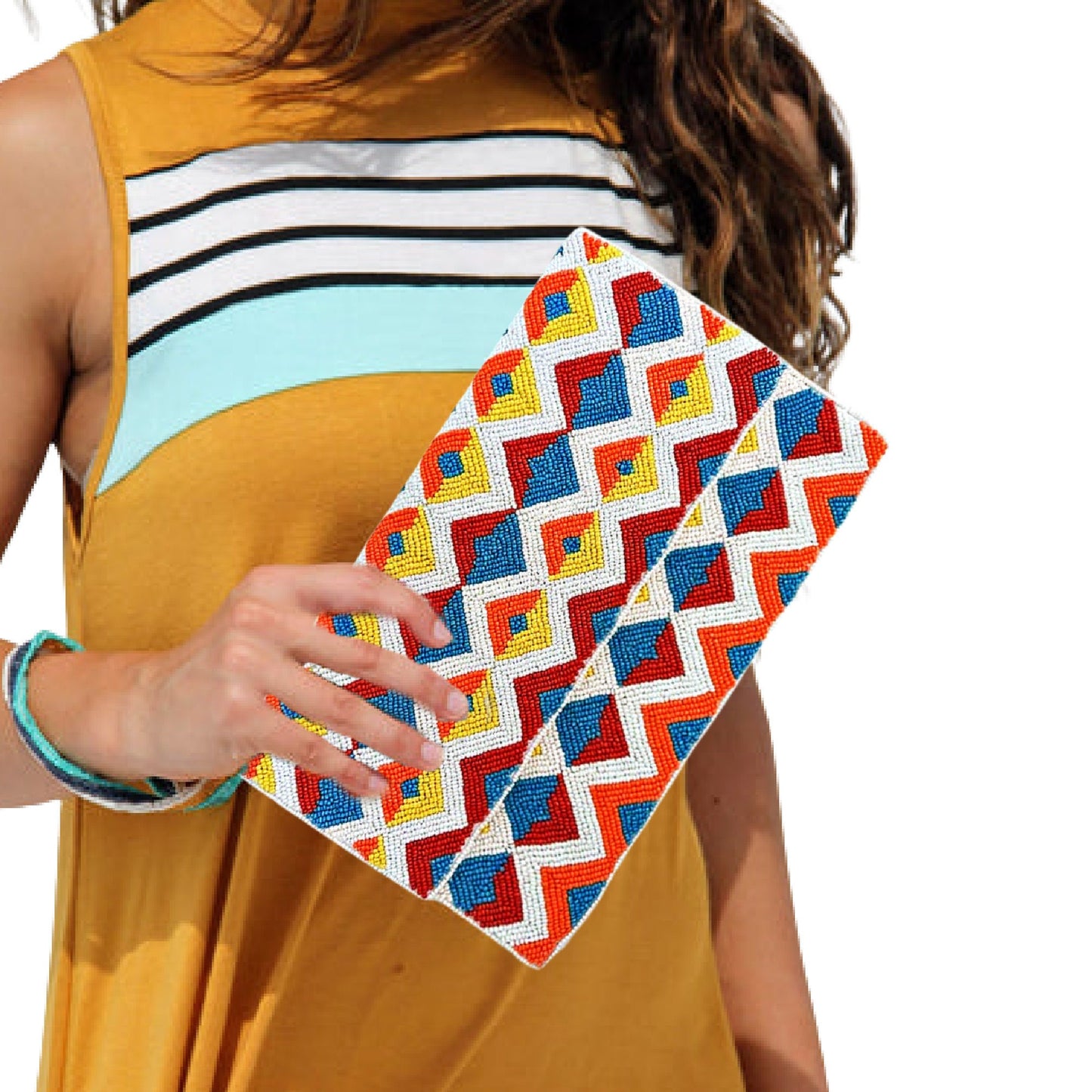 Geometric Design Beaded Crossbody Clutch Handbag