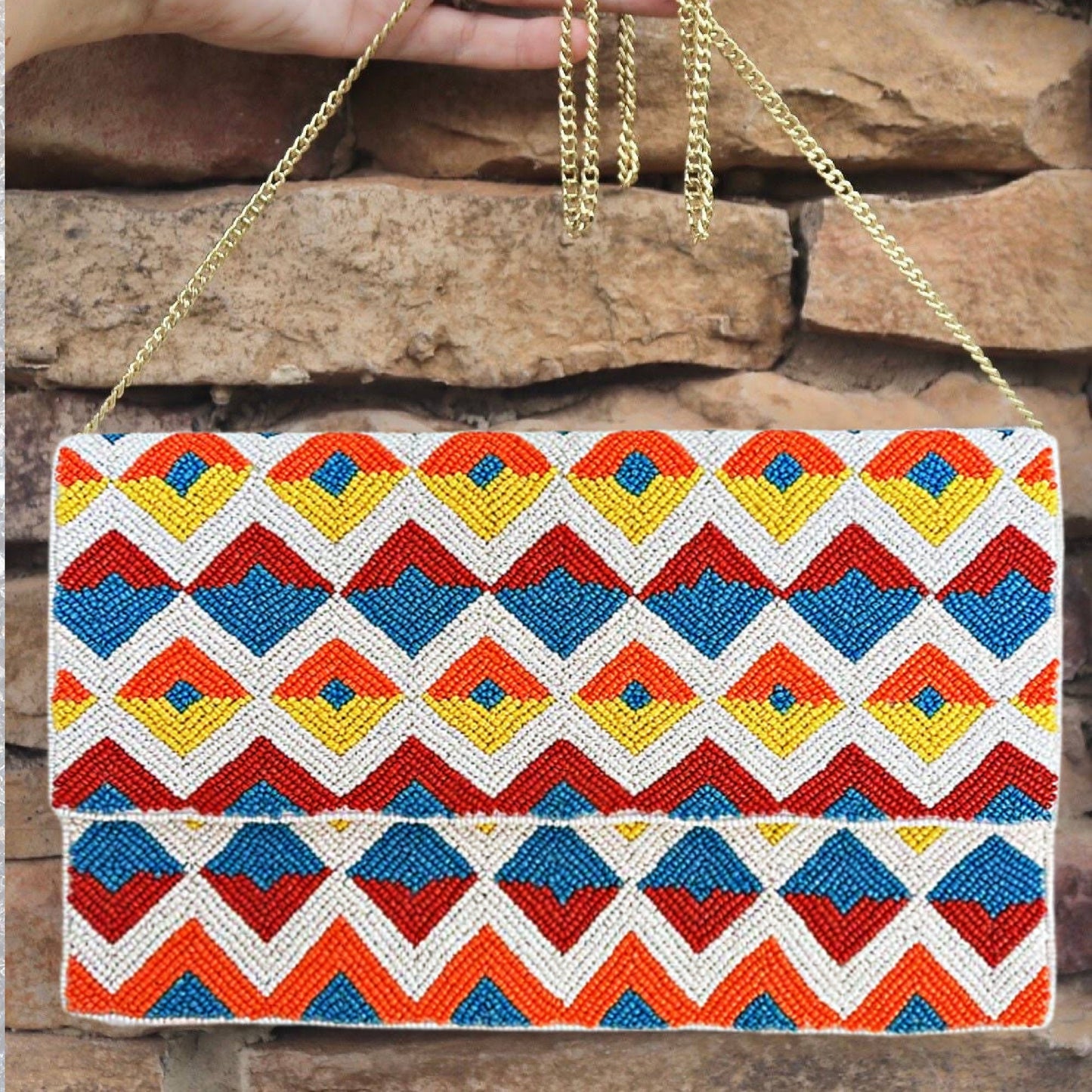 Geometric Design Beaded Crossbody Clutch Handbag