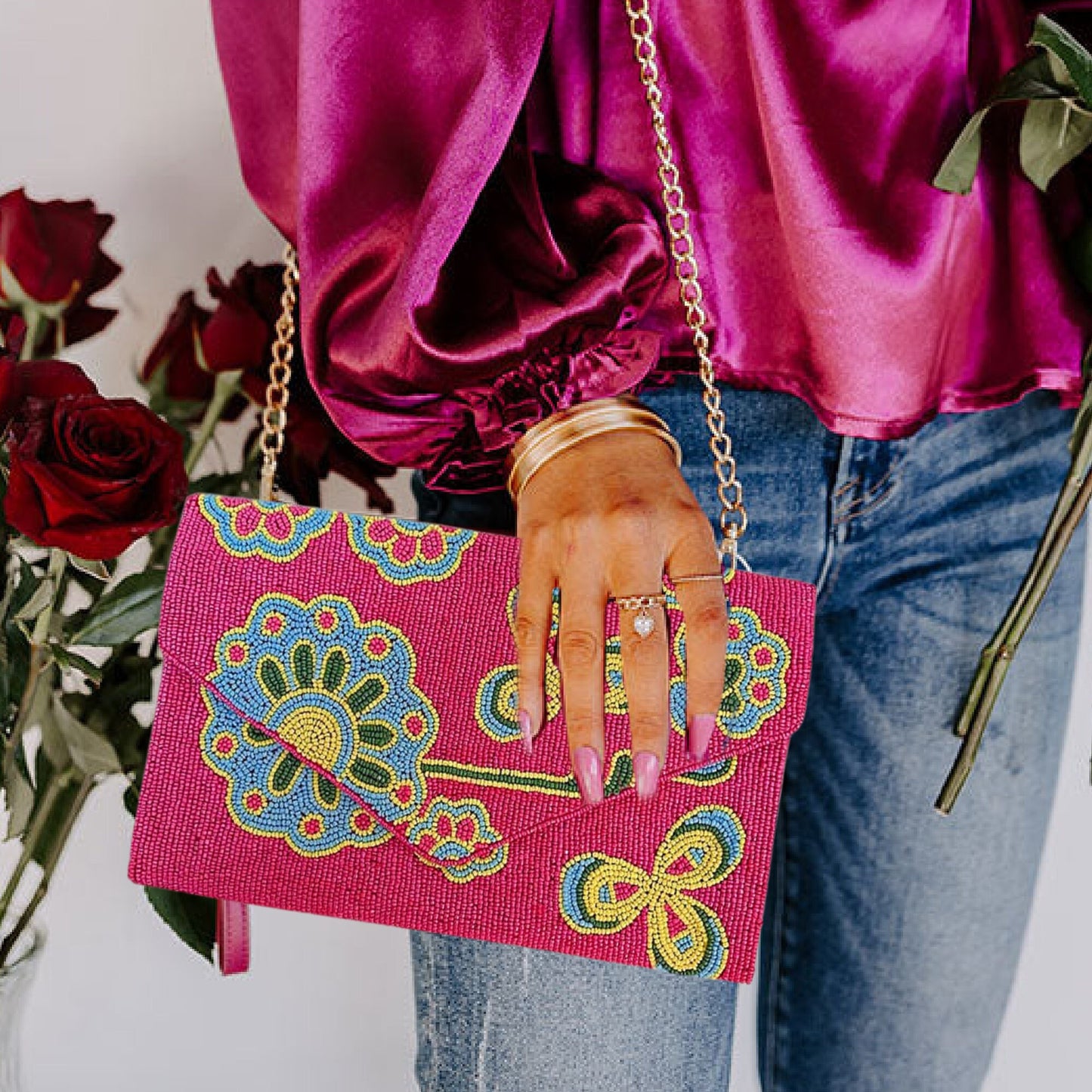 Abstract Floral Seed Beaded Crossbody Chain Clutch Bag