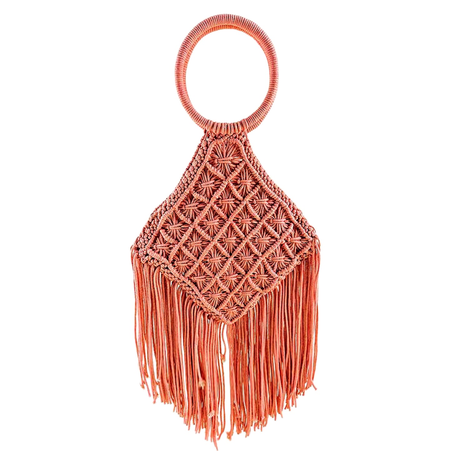 Coral Macrame Crochet Knit Beaded Fringe Boho Tote Bag