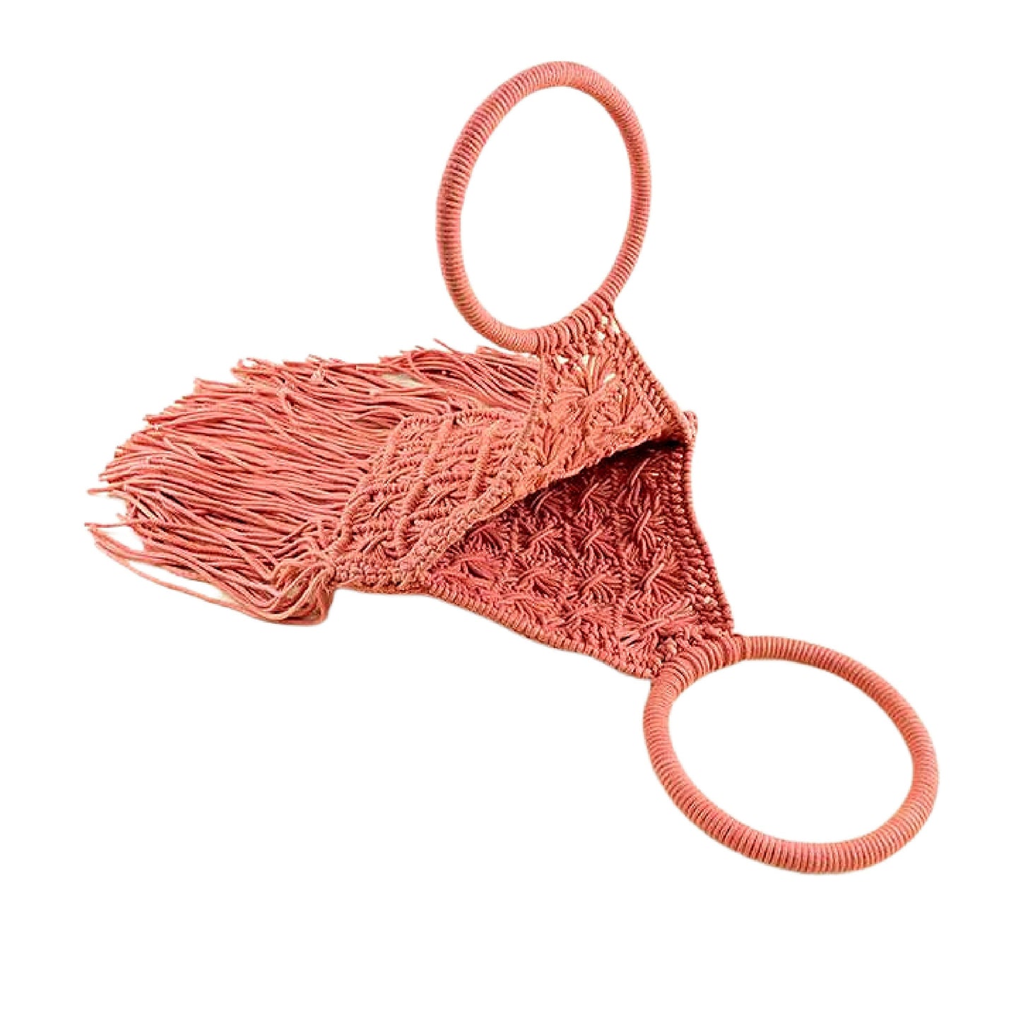 Coral Macrame Crochet Knit Beaded Fringe Boho Tote Bag