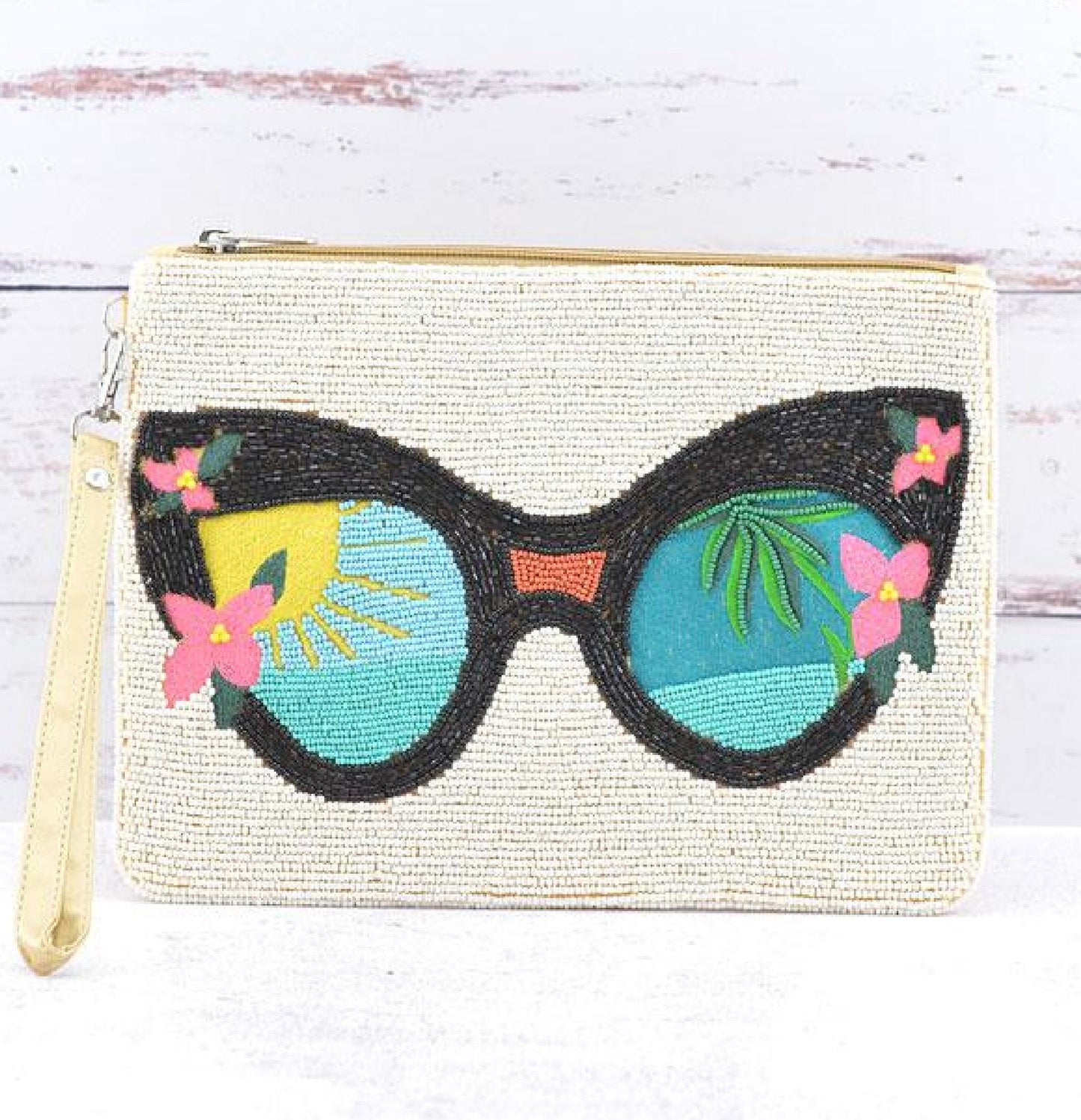 Sunglasses Tropical Beaded Clutch Wristlet Bag