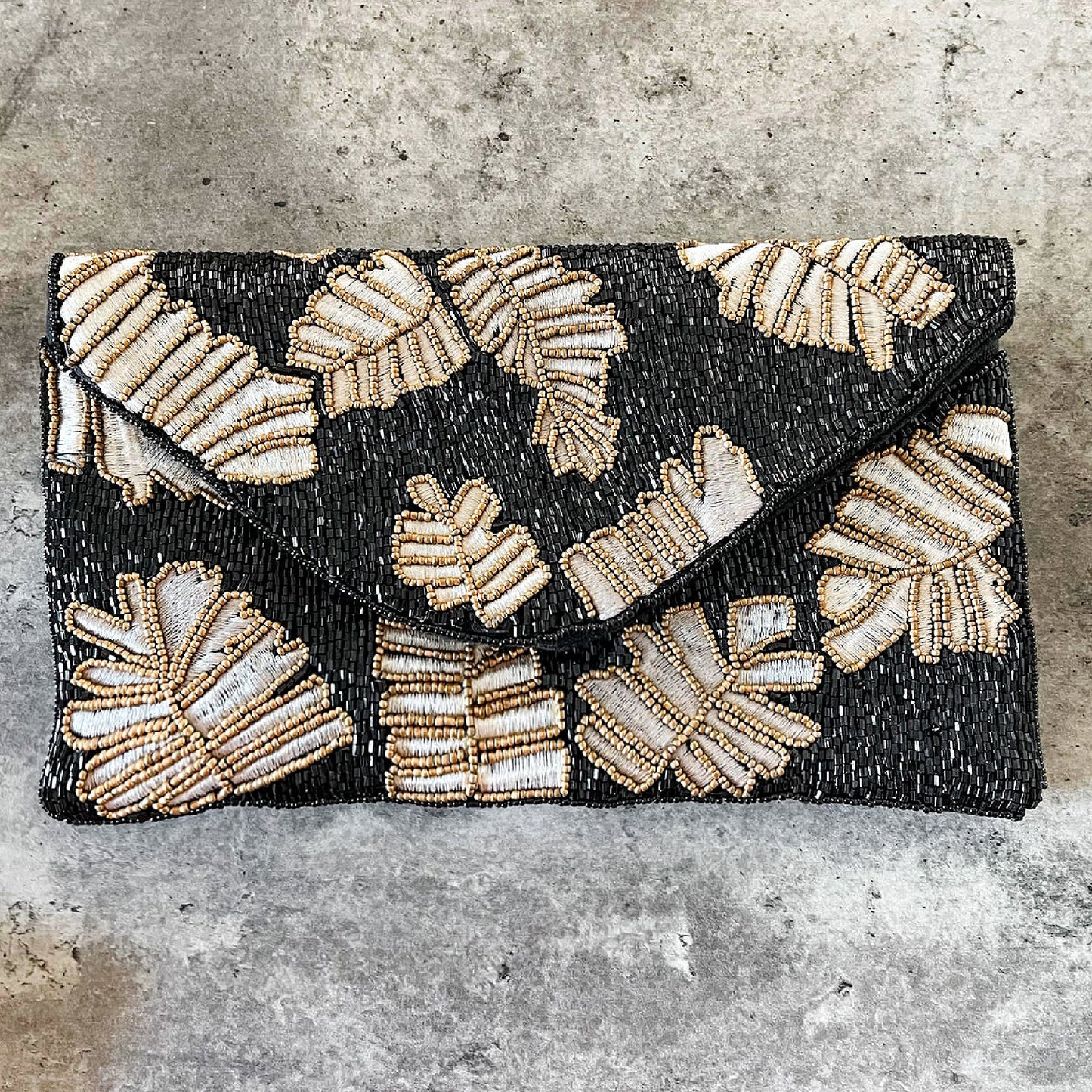 Black Gold Palm Leaf Beaded Crossbody Clutch Handbag