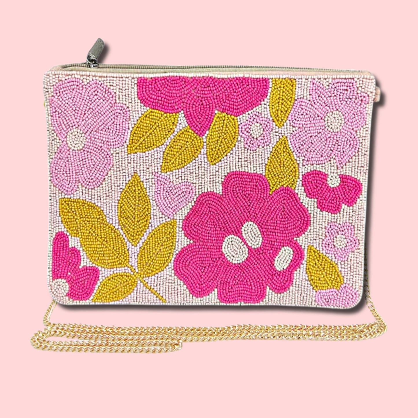 Pink Floral Beaded Crossbody Clutch Handbag