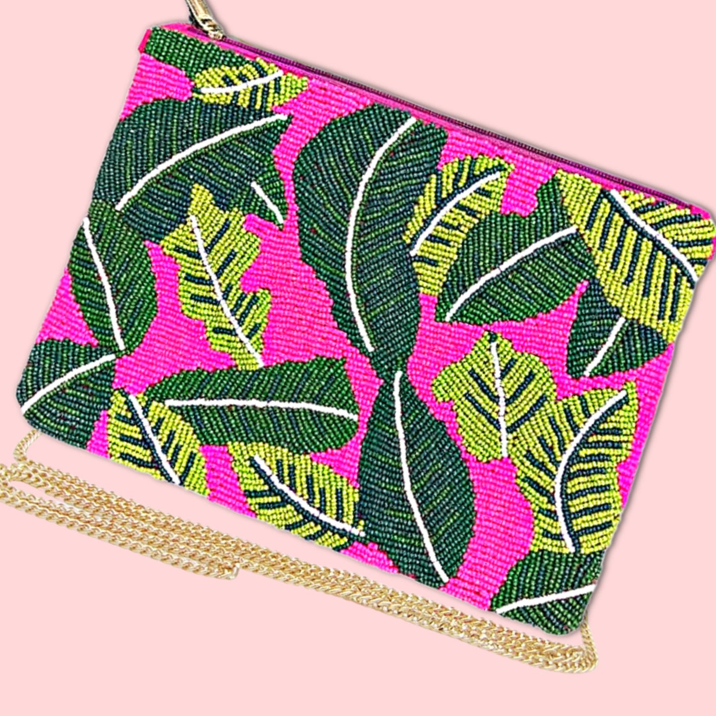 Pink Botanical Beaded Crossbody Clutch Handbag