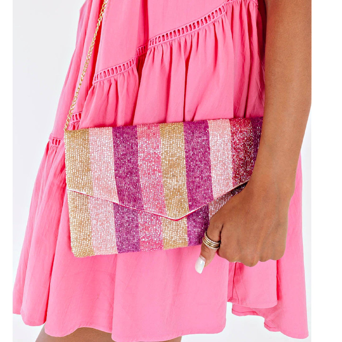 Pink Rainbow Striped Beaded Crossbody Clutch Handbag