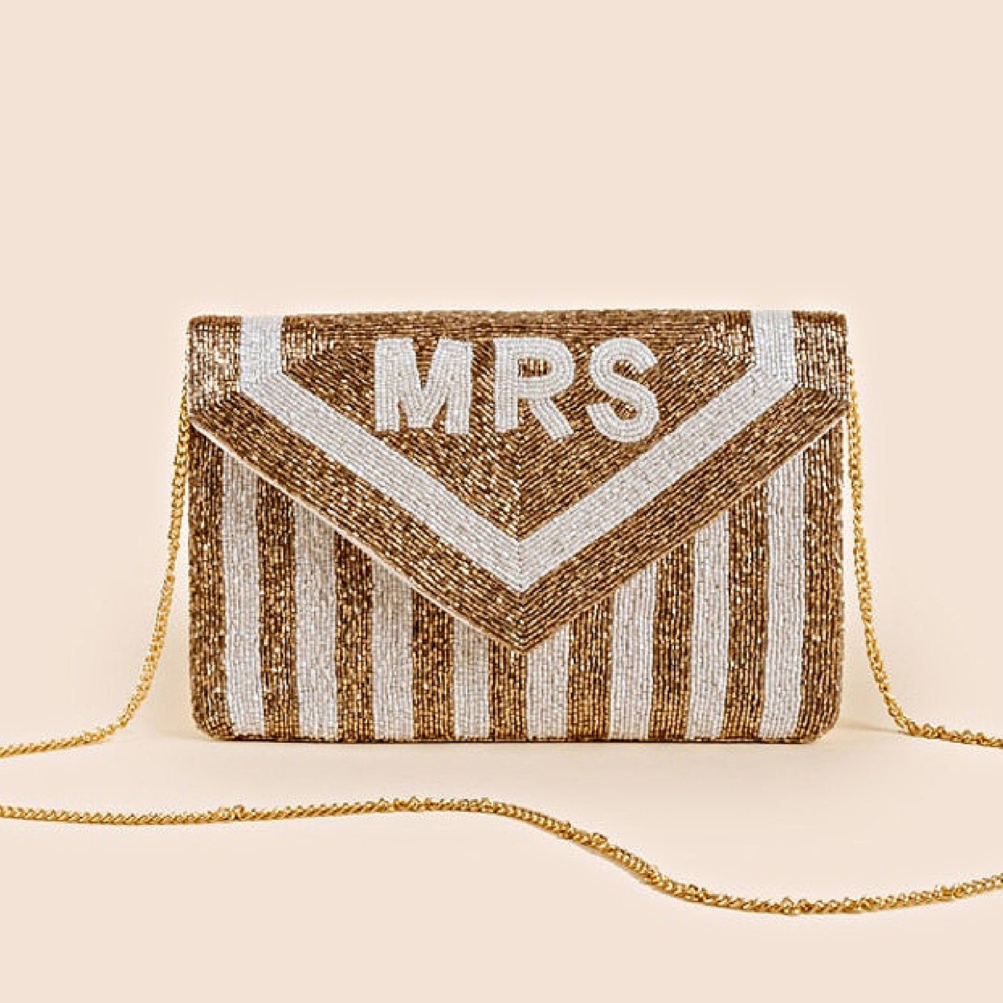 MRS Gold Shimmer Striped Wedding Bridal Beaded Crossbody Clutch