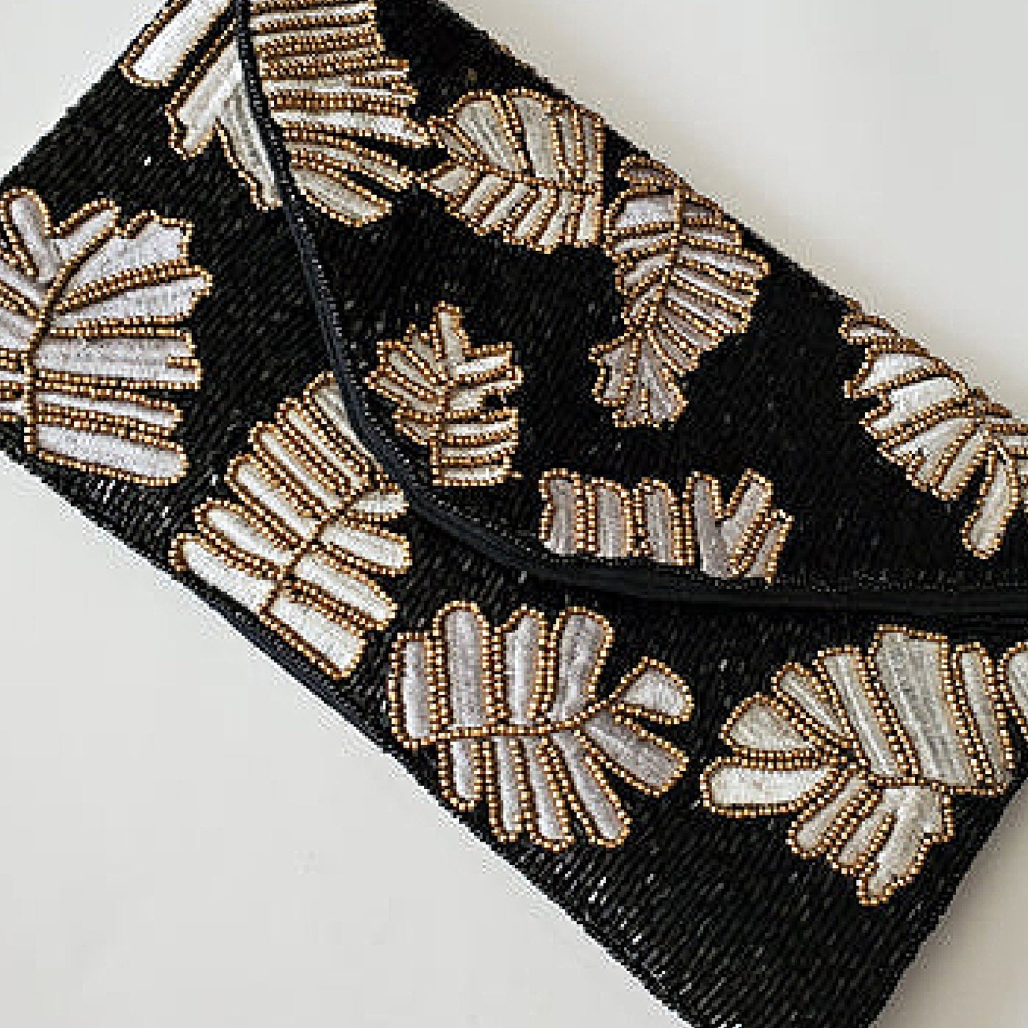 Black Gold Palm Leaf Beaded Crossbody Clutch Handbag