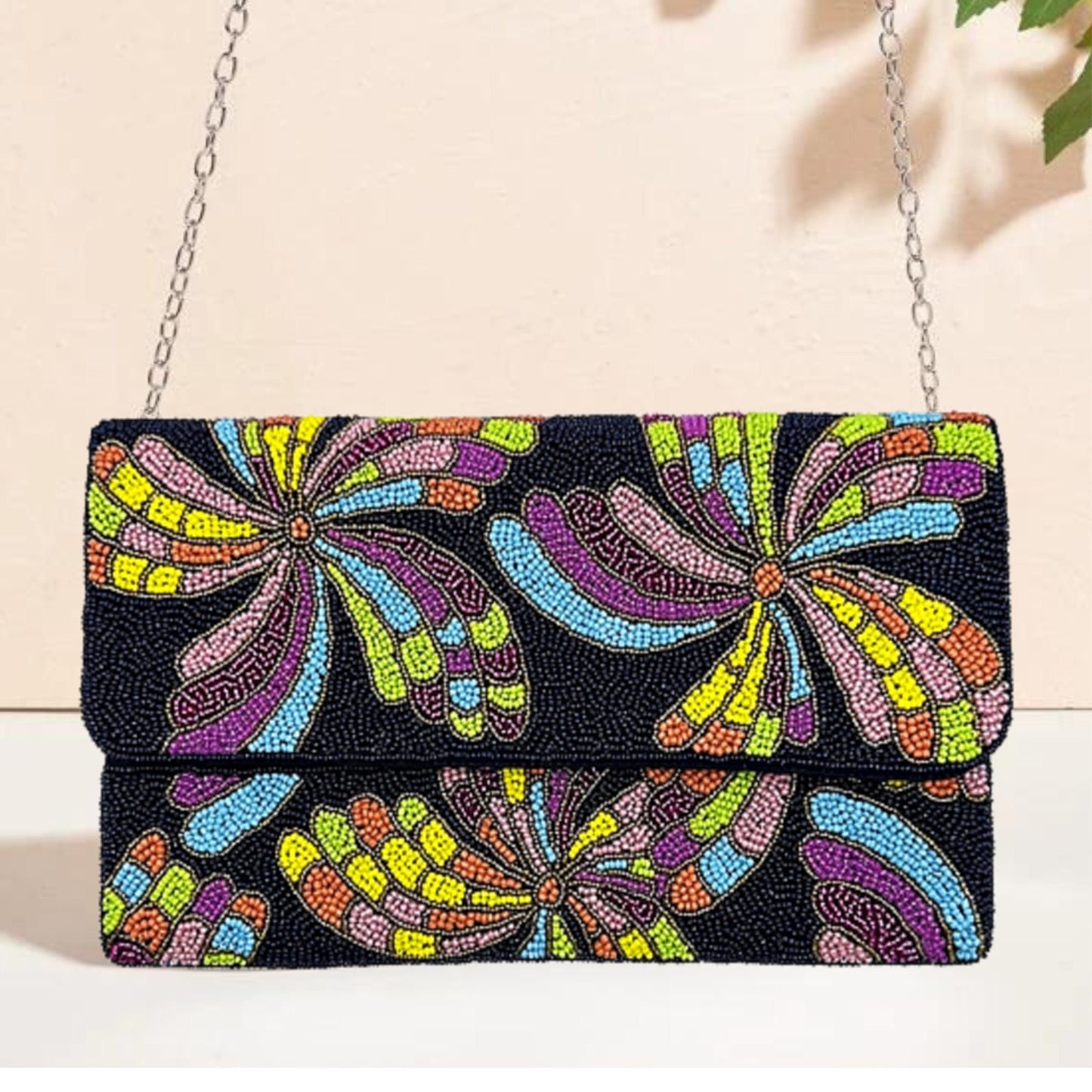Retro Pinwheel Black Beaded Crossbody Clutch Handbag