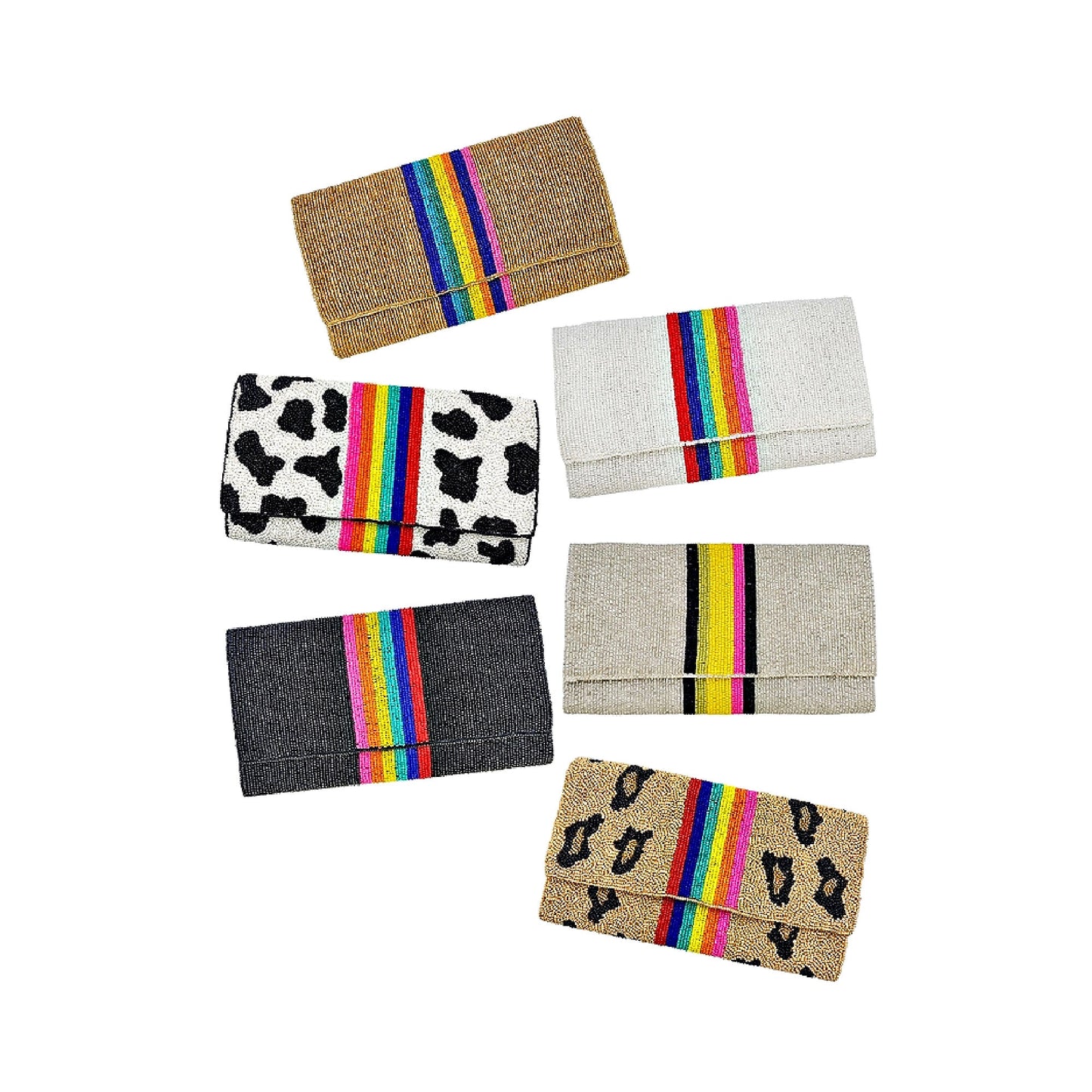 Fully Beaded Rainbow Striped Crossbody Clutch Handbag