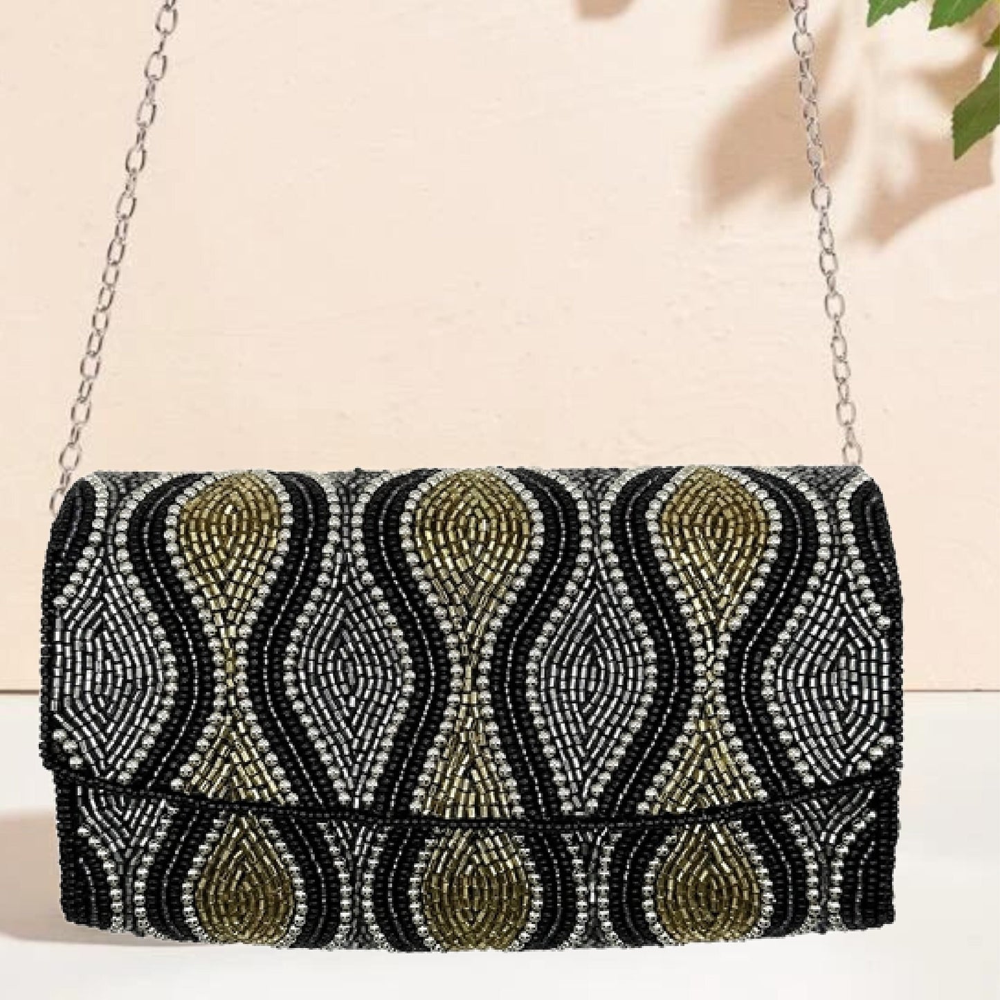 Fully Beaded Black Gold Glam Metallic Crossbody Clutch Handbag