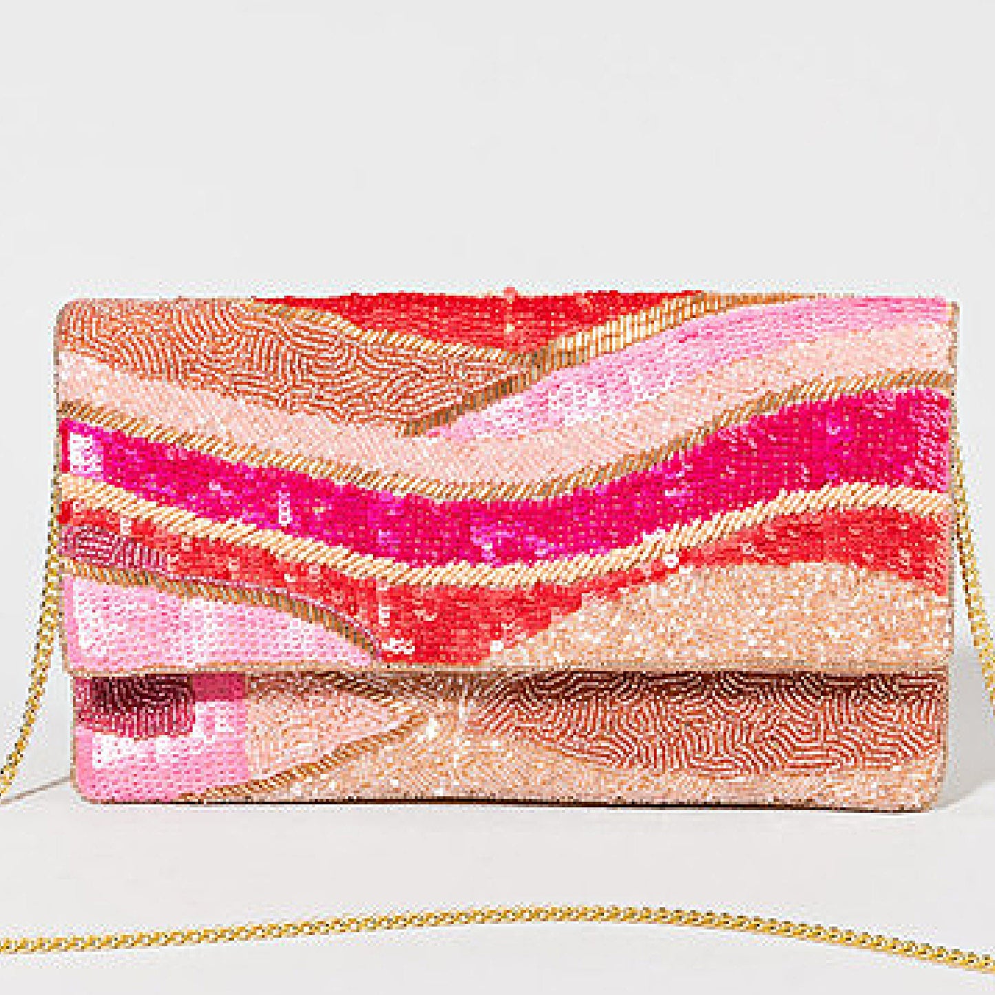 Cherry Wave Seed Beaded Pink Fuchsia Crossbody Clutch Handbag
