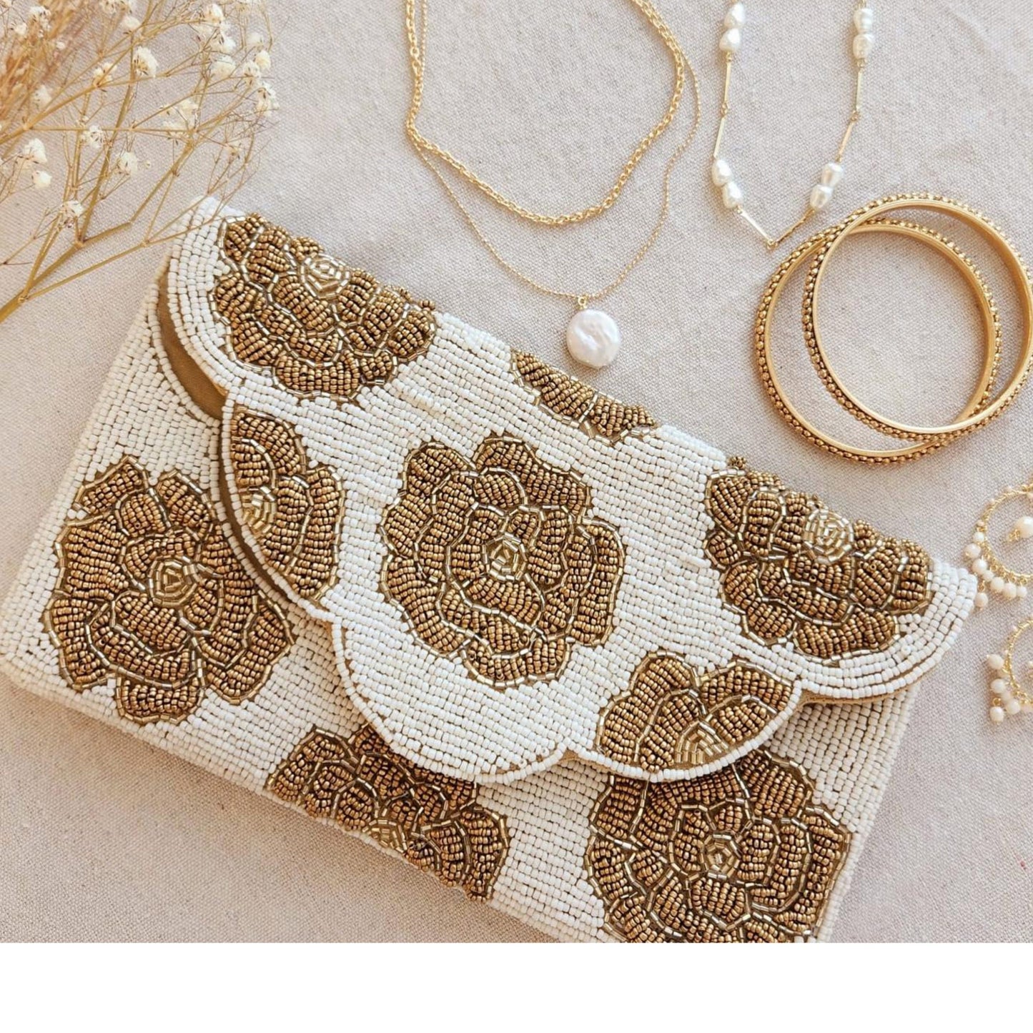 White Gold Rose Beaded Crossbody Clutch Handbag