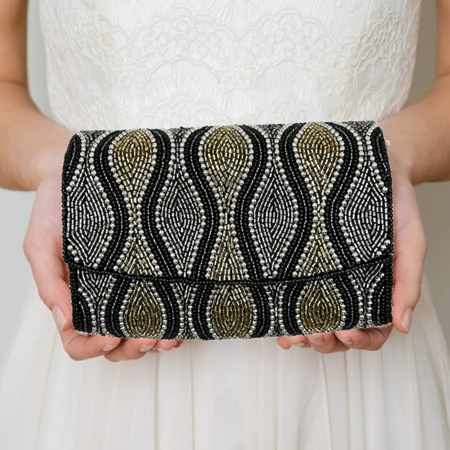 Fully Beaded Black Gold Glam Metallic Crossbody Clutch Handbag