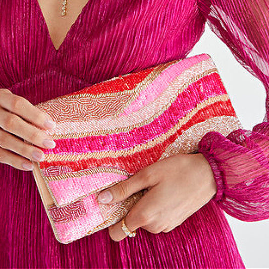 Cherry Wave Seed Beaded Pink Fuchsia Crossbody Clutch Handbag