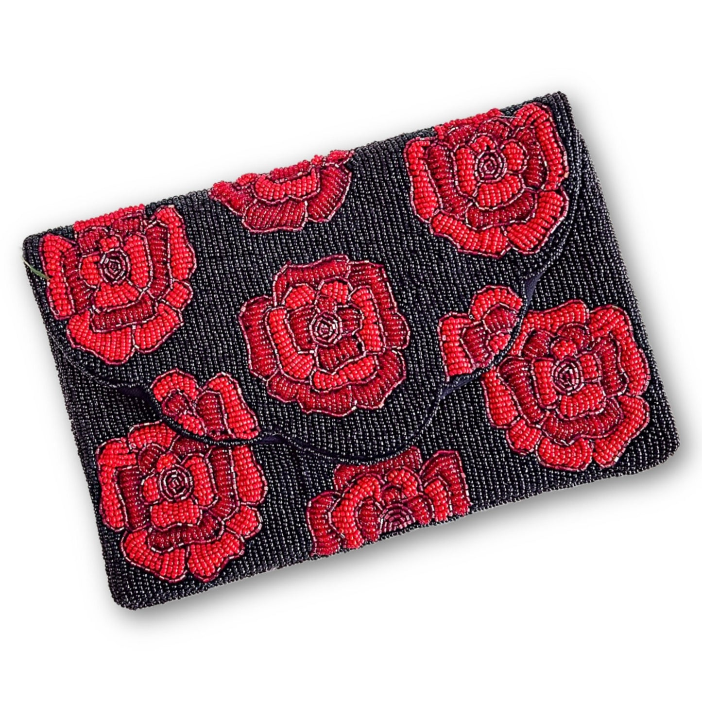 Red Rose Black Seed Beaded Crossbody Clutch Handbag
