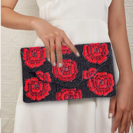 Red Rose Black Seed Beaded Crossbody Clutch Handbag