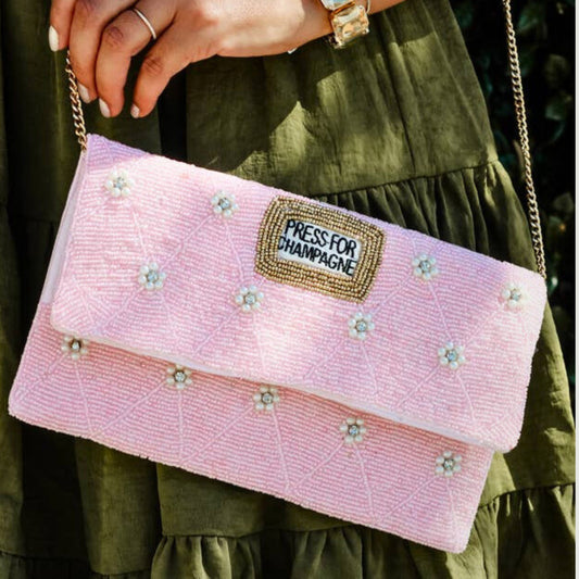 PRESS FOR CHAMPAGNE Pink Pearl Beaded Crossbody Clutch Handbag