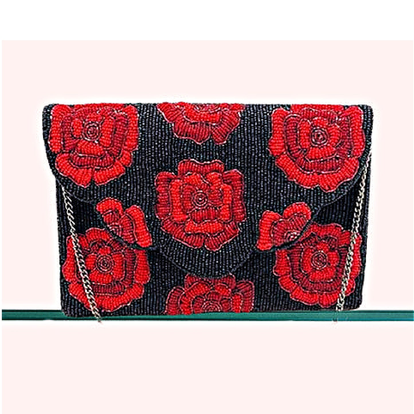 Red Rose Black Seed Beaded Crossbody Clutch Handbag