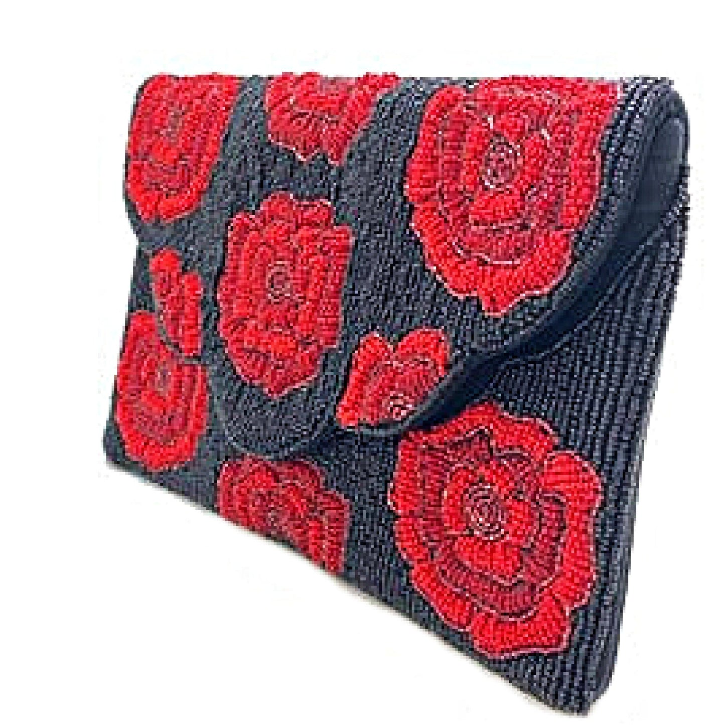 Red Rose Black Seed Beaded Crossbody Clutch Handbag