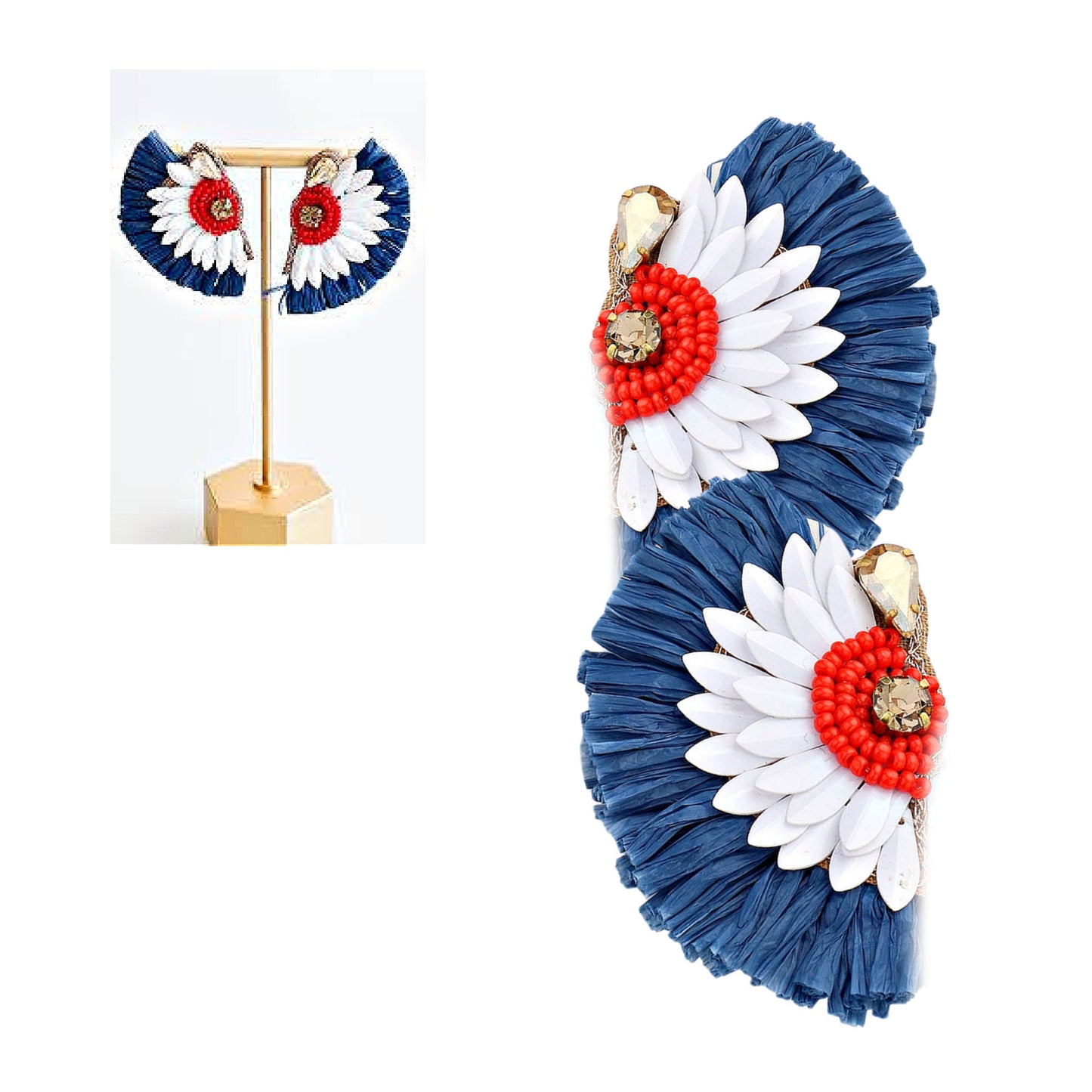 American USA Patriotic Raffia Fan Earrings