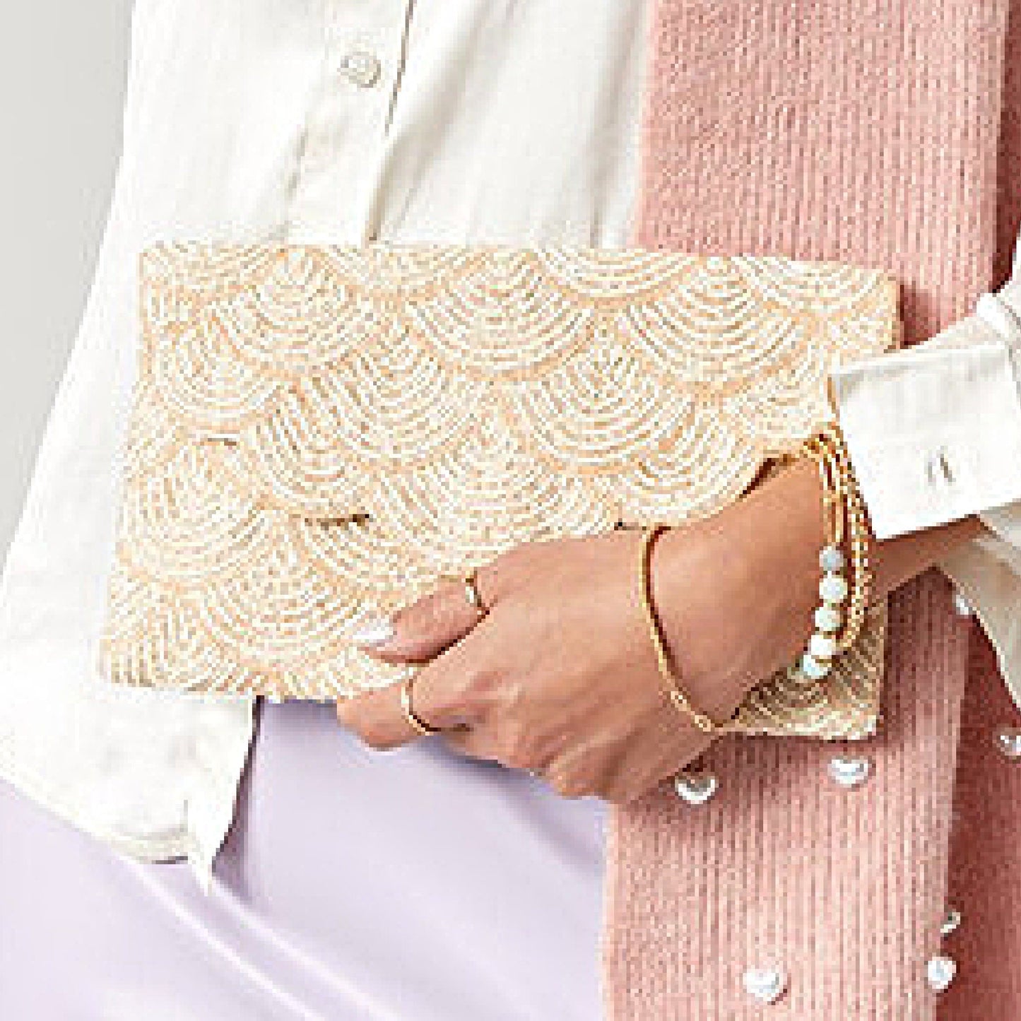 Fully Beaded Ivory Scallop Pattern Crossbody Clutch Handbag