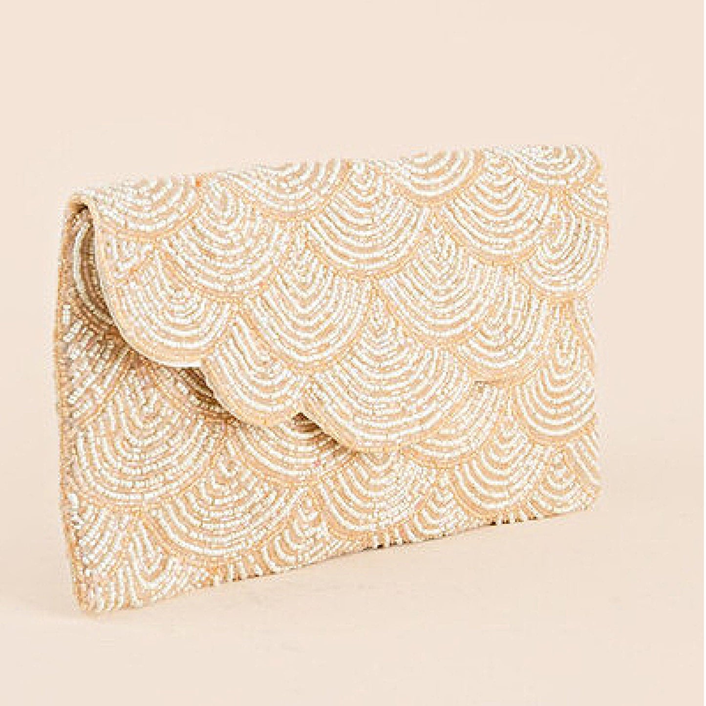 Fully Beaded Ivory Scallop Pattern Crossbody Clutch Handbag