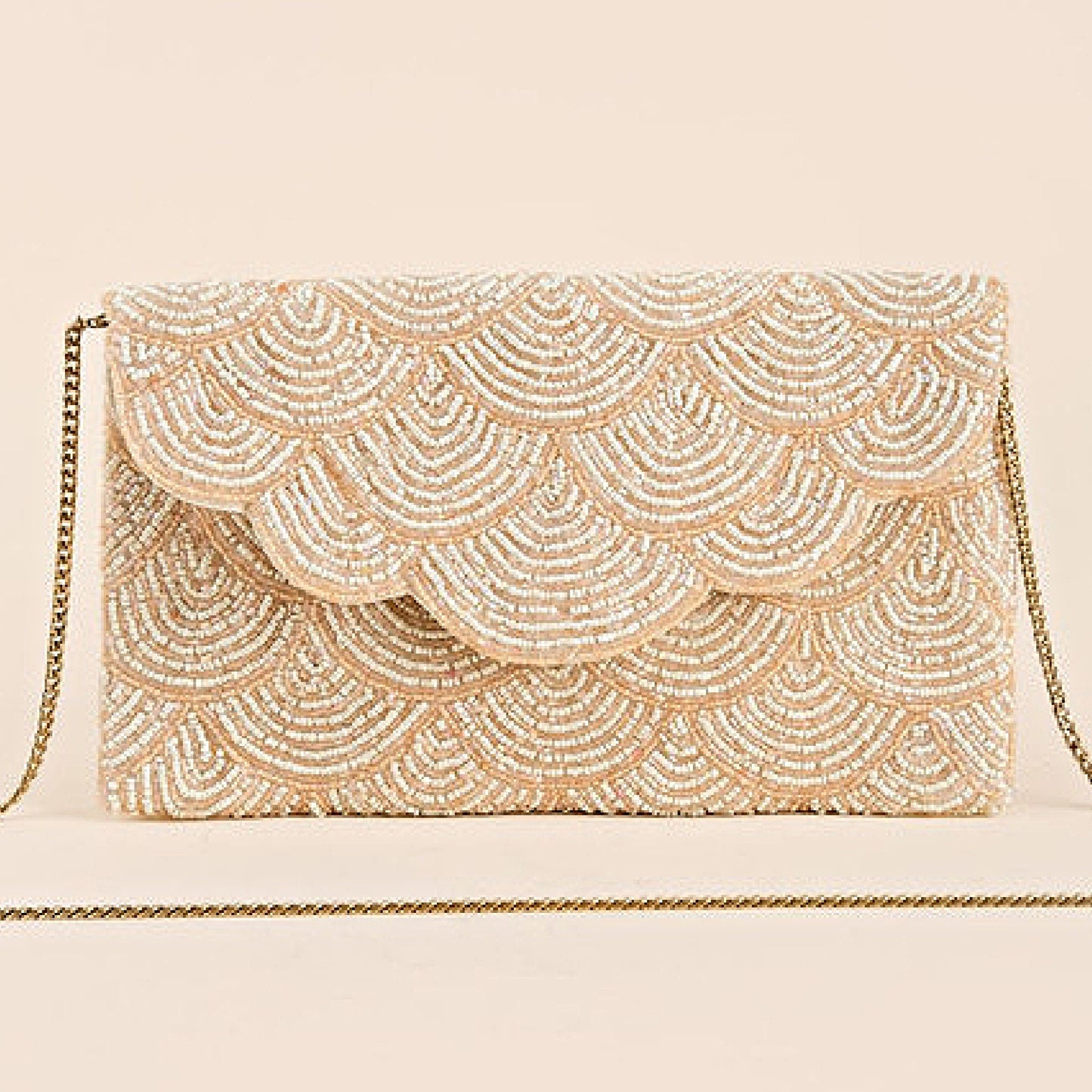 Fully Beaded Ivory Scallop Pattern Crossbody Clutch Handbag