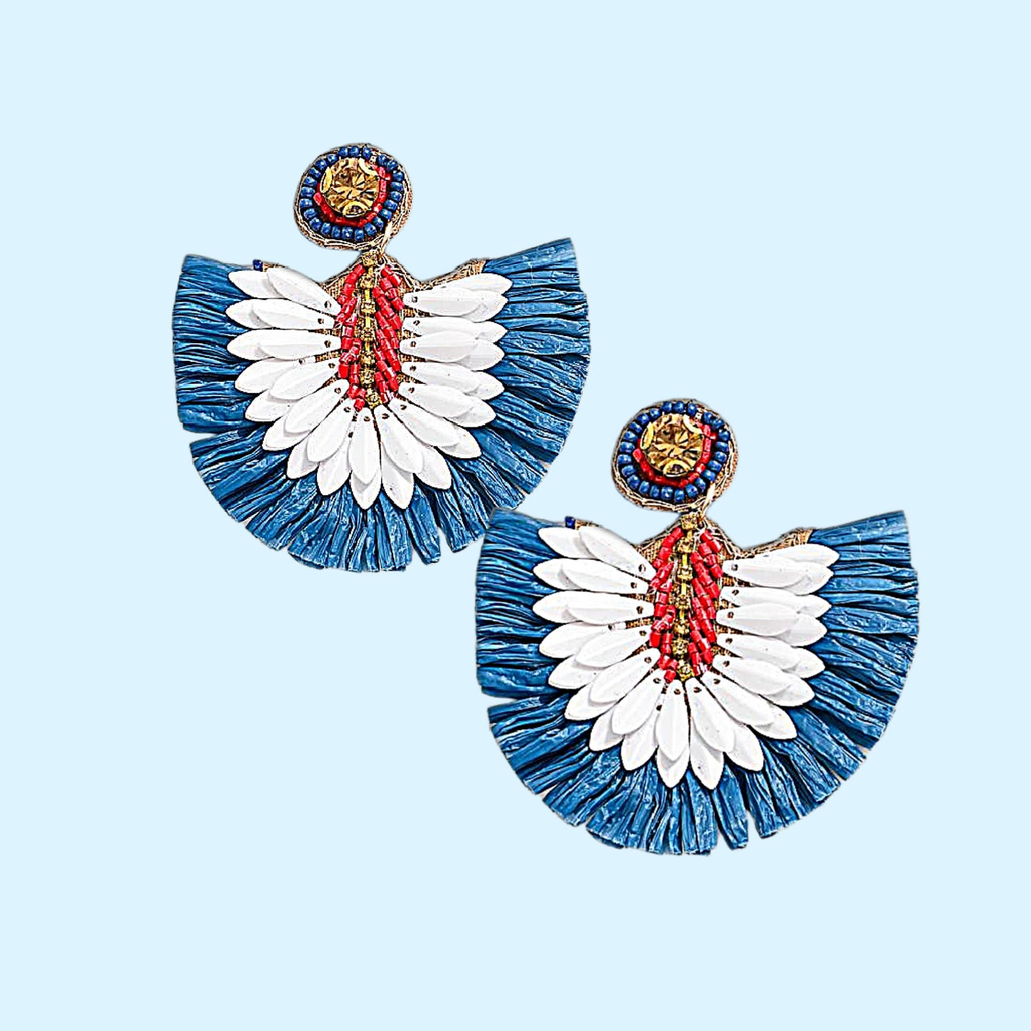 American USA Patriotic Raffia Fan Dangle Earrings