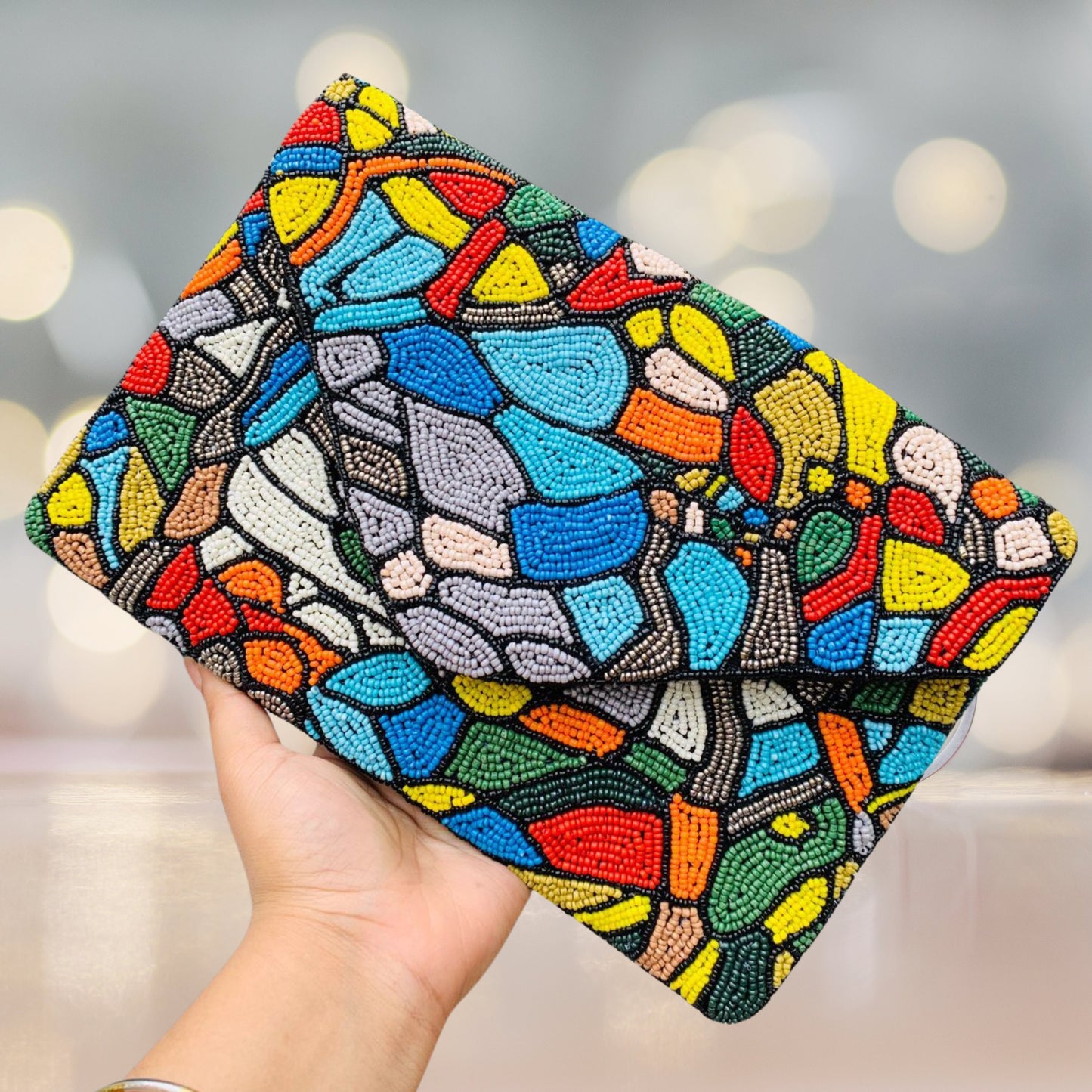Stained Glass Mosaic Seed Beaded Clutch Crossbody Bag
