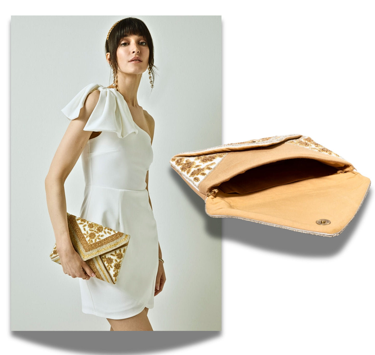 Go For The Gold Clutch Metallic Beaded Crossbody Chain Handbag