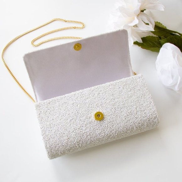 BRIDE Wedding Bridal Crossbody Chain Clutch Handbag White Gold Beaded Bag