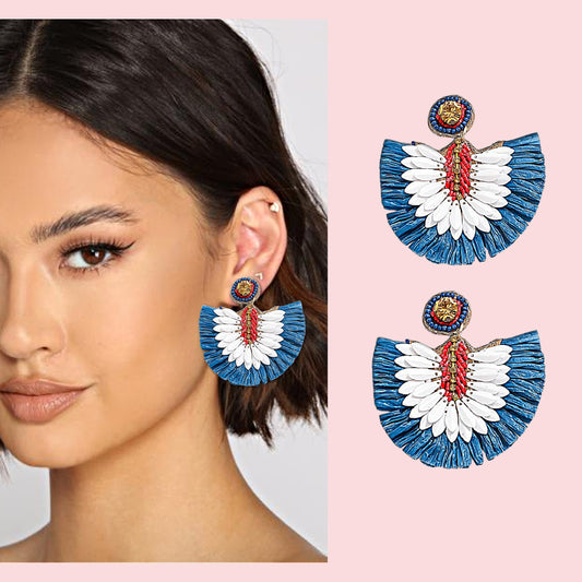 American USA Patriotic Raffia Fan Dangle Earrings