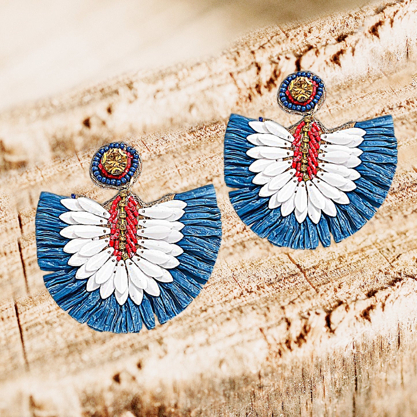 American USA Patriotic Raffia Fan Dangle Earrings