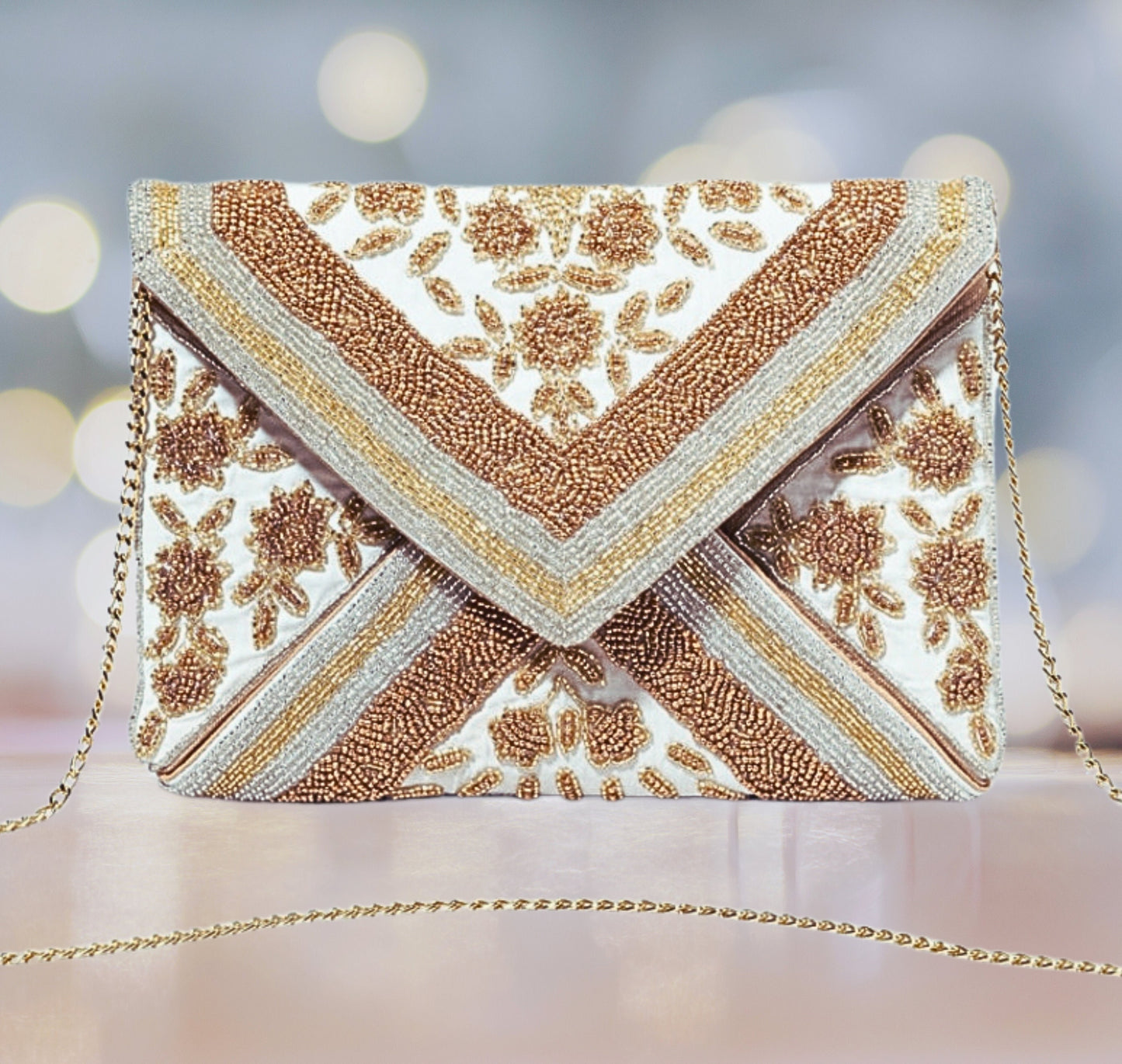 Go For The Gold Clutch Metallic Beaded Crossbody Chain Handbag
