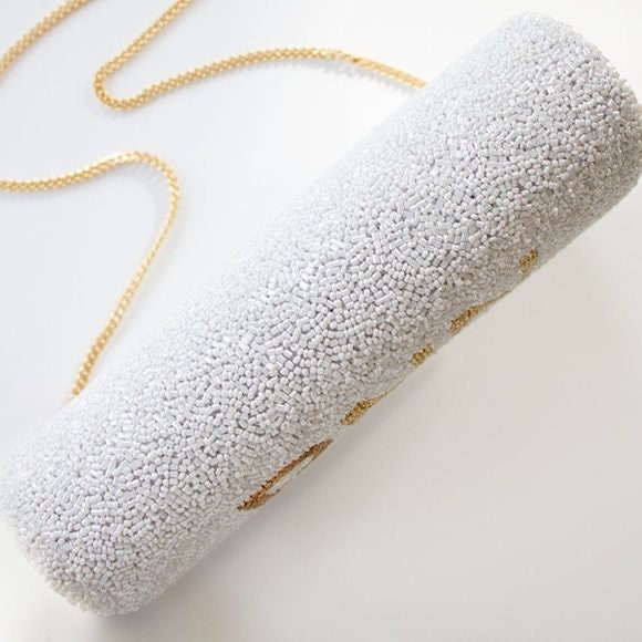 BRIDE Wedding Bridal Crossbody Chain Clutch Handbag White Gold Beaded Bag