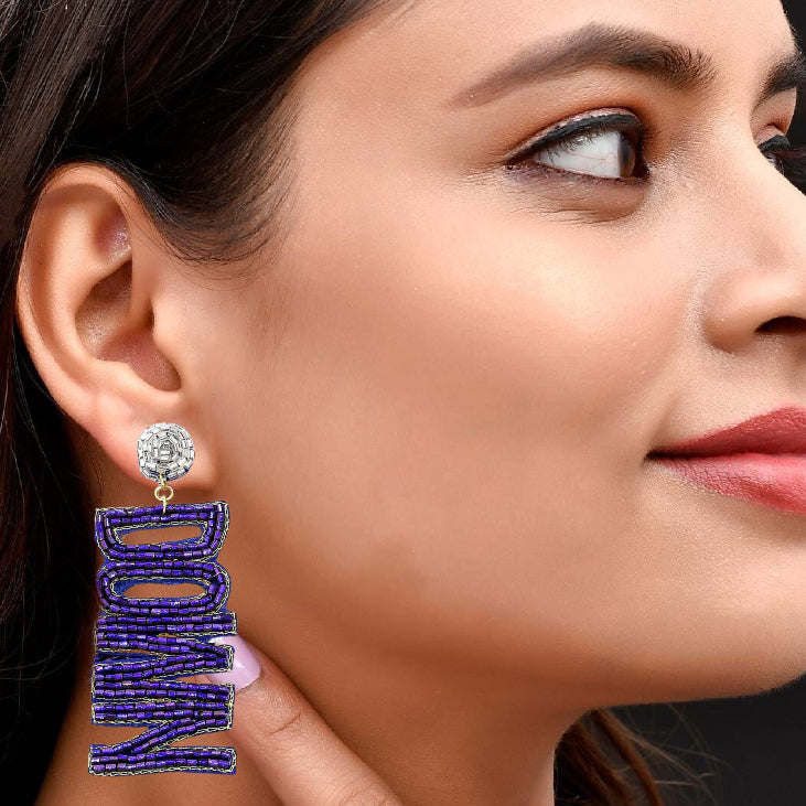 Blue Silver Football TOUCH DOWN Beaded Earrings