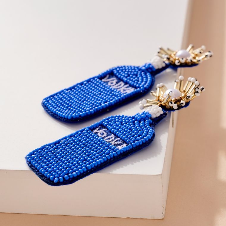 Blue Skyy Vodka Bottle Seed Beaded Party Earrings