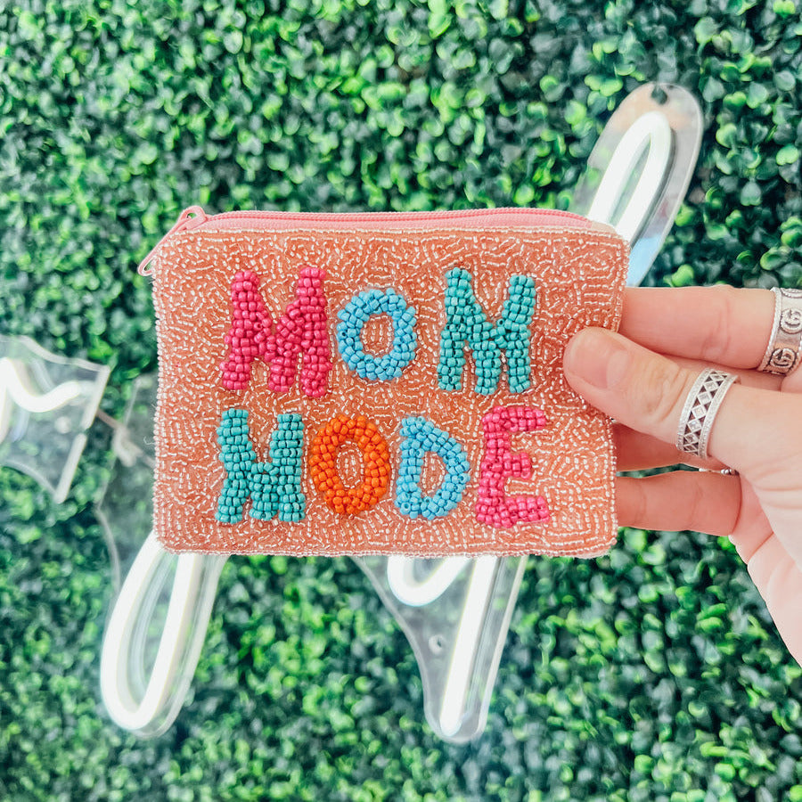 MOM MODE Pink Beaded Coin Storage Pouch