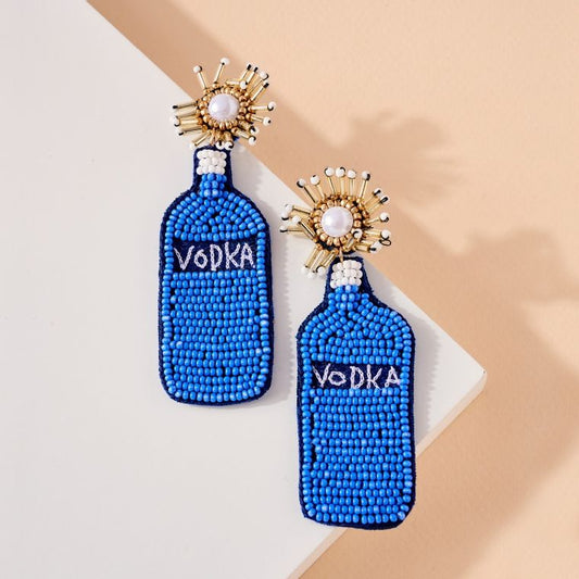 Blue Skyy Vodka Bottle Seed Beaded Party Earrings