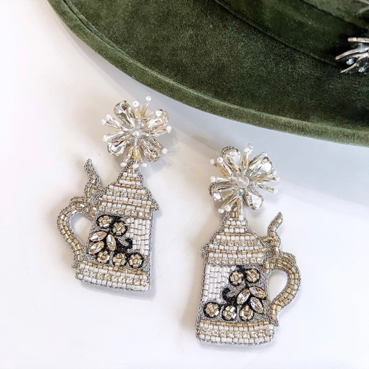 Oktoberfest Silver German Stein Beaded Crystal Earrings