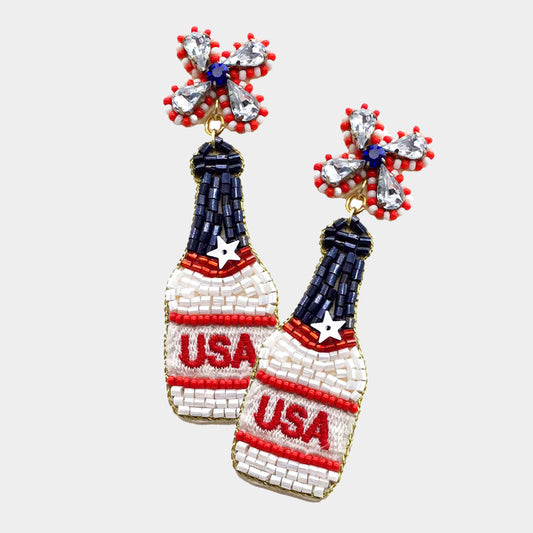 Patriotic USA Champagne Wine Bottle Beaded Earrings