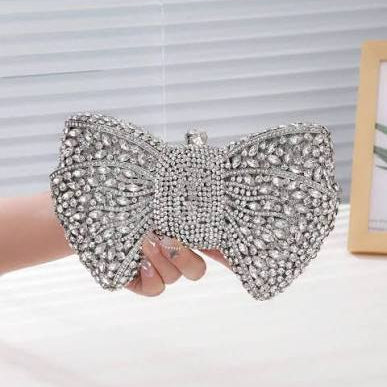 Austrian Crystal Silver Bow Evening Clutch Handbag