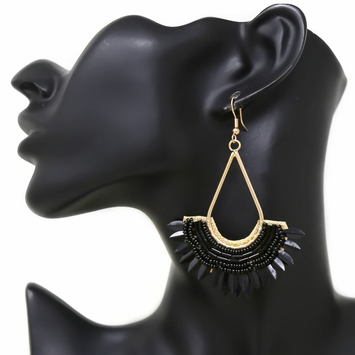 Fan Sequin Seed Beaded Artisan Teardrop Boho Earrings